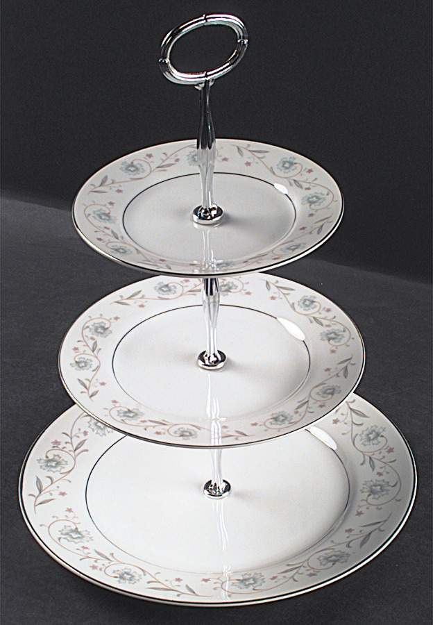 English Garden (Platinum) 13 7/8"-14 1/4" 3-Tiered Serving Tray(DP,SP,BB) HC by Fine China of Japan-1