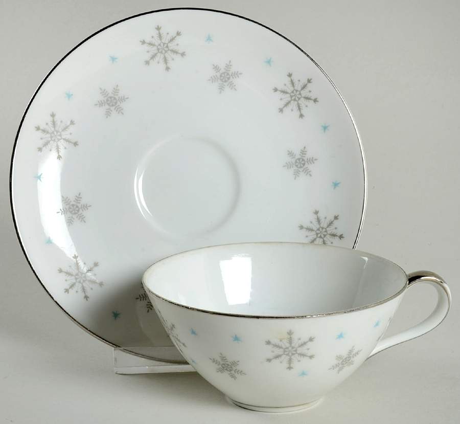 Fantasy (Gray Snowflakes) Flat Cup & Saucer Set by Fine China of Japan-1