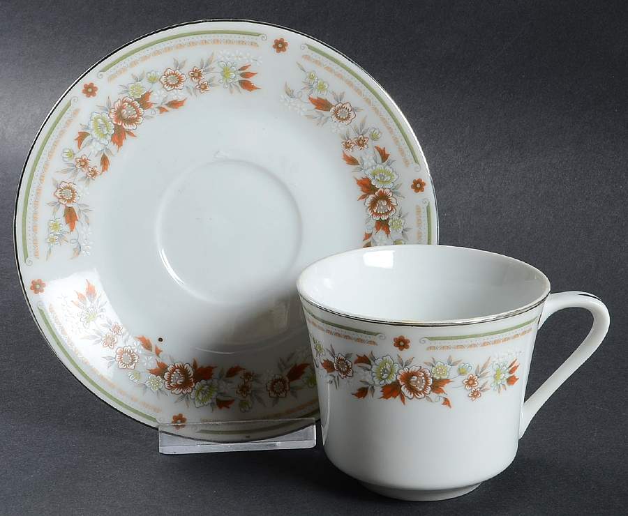 Floral Mist (Green Band) Flat Cup & Saucer Set by Fine China of Japan-1