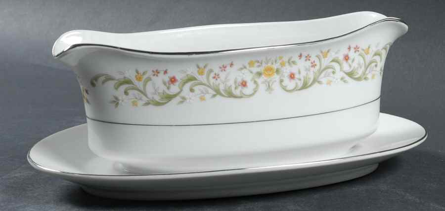June (Platinum Trim) Gravy Boat with Attached Underplate by Fine China of Japan-1