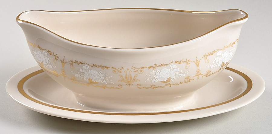 Kenwood Castle Gold and White Gravy Boat with Attached Underplate by Fine Arts-1