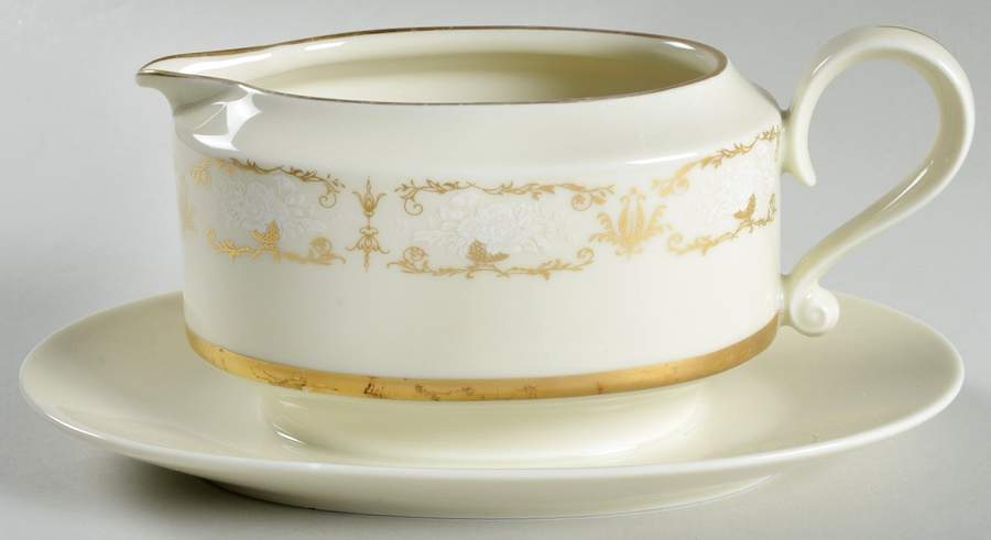 Kenwood Castle Gold and White Gravy Boat with Attached Underplate by Fine Arts-1