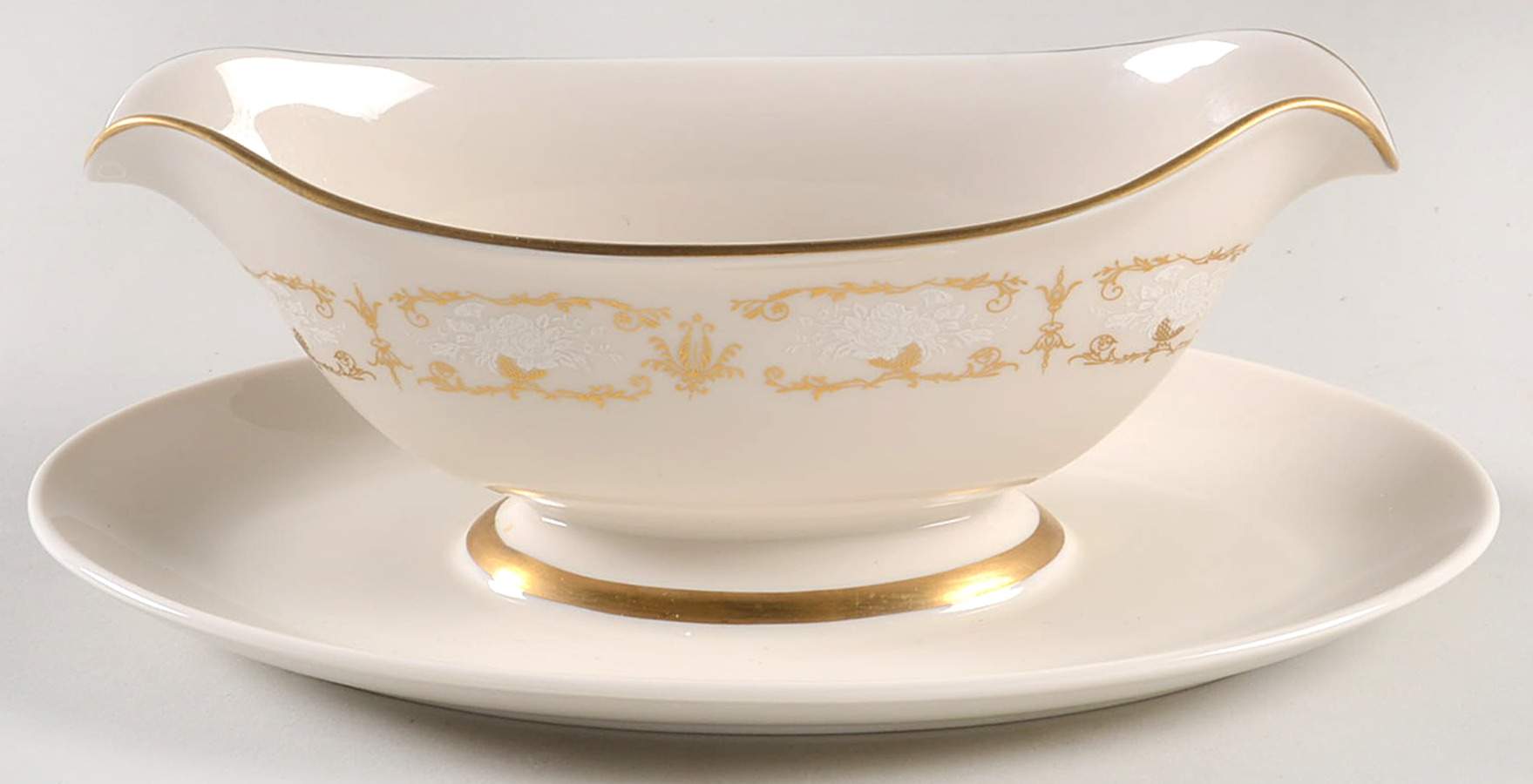 Kenwood Castle Gold and White Gravy Boat with Attached Underplate by Fine Arts-1