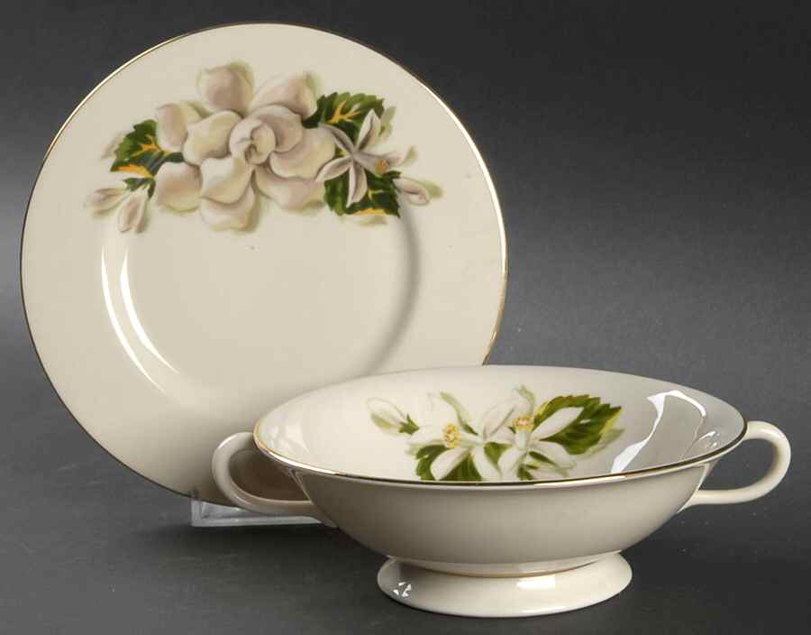 Orange Blossom & Gardenia Cream Soup Bowl & Bread Plate/Saucer  Set by Fine Arts-1