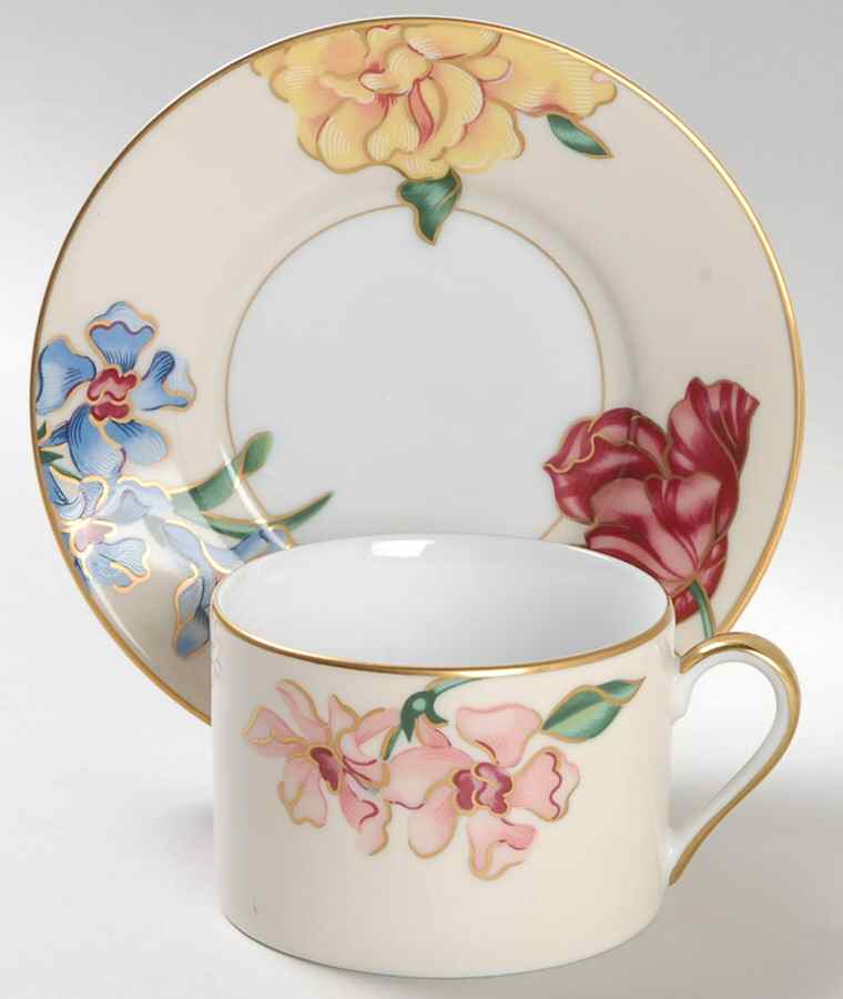 Bariolage Des Fleurs (Buff Rim) Flat Cup & Saucer Set by Fitz & Floyd-1