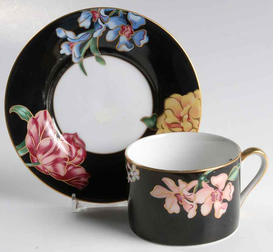 Bariolage Des Fleurs (Black Rim) Flat Cup & Saucer Set by Fitz & Floyd-1