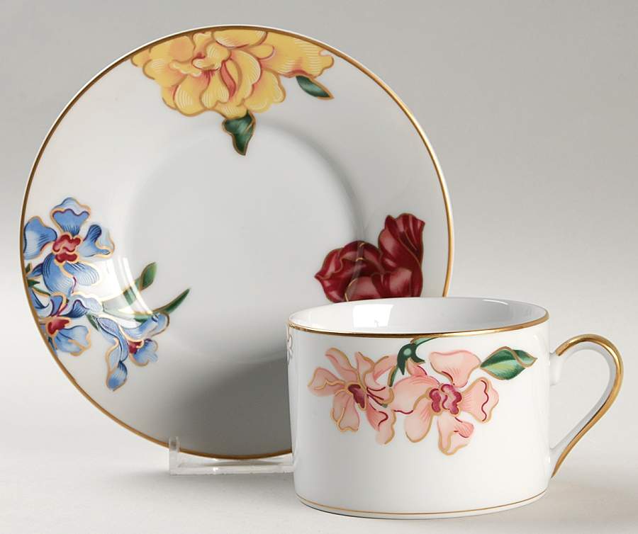 Bariolage Des Fleurs White Flat Cup & Saucer Set by Fitz & Floyd-1