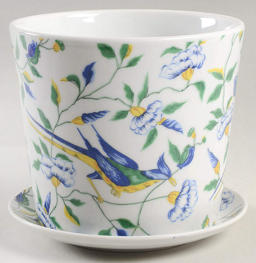 Chinese Bird 5" Flower Pot & Underplate by Fitz & Floyd-1