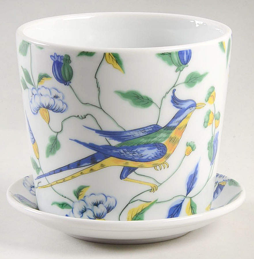 Chinese Bird 3" Flower Pot & Underplate by Fitz & Floyd-1
