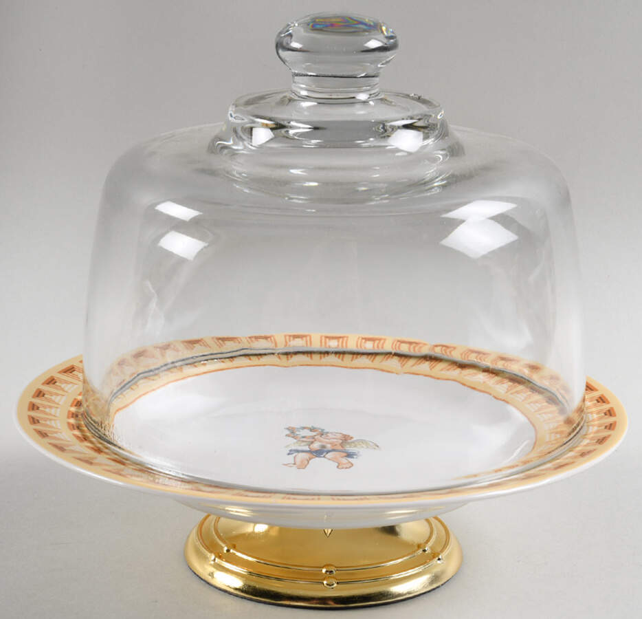 Cherubs 6 1/2"-7 1/2" Footed Cheese Plate w/ Glass Dome HC by Fitz & Floyd-1