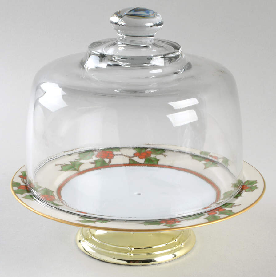 Christmas Holly 6 1/2"-7 1/2" Footed Cheese Plate w/ Glass Dome HC by Fitz & Floyd-1