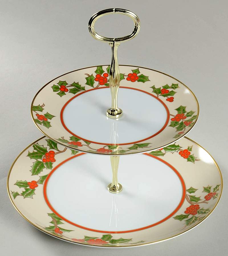 Christmas Holly 2 Tiered Serving Tray (Dinner & Salad Plate) by Fitz & Floyd-1