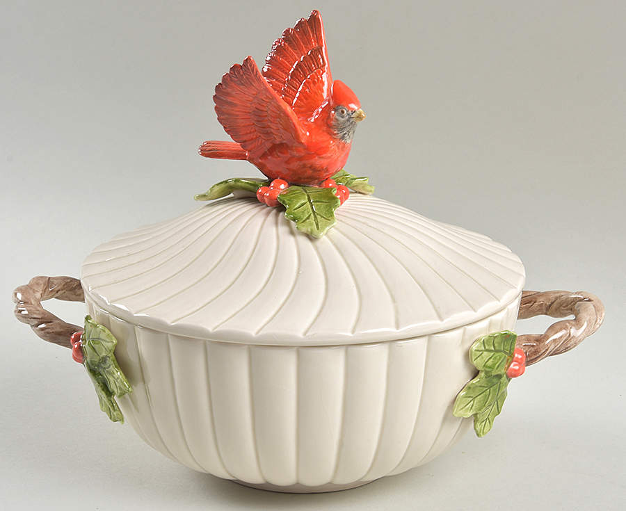Christmas Holly Cardinal Mini Round Covered Vegetable by Fitz & Floyd-1