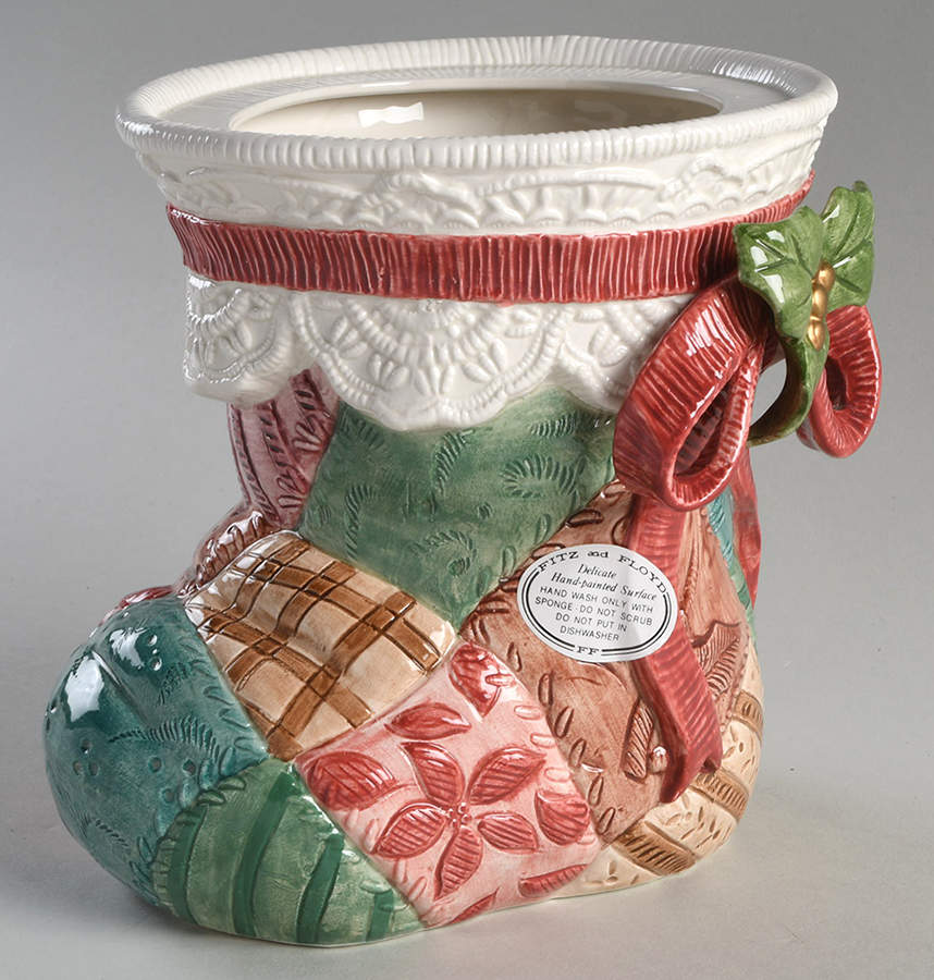 Christmas Quilt Figural Cookie Jar No Lid by Fitz & Floyd-1