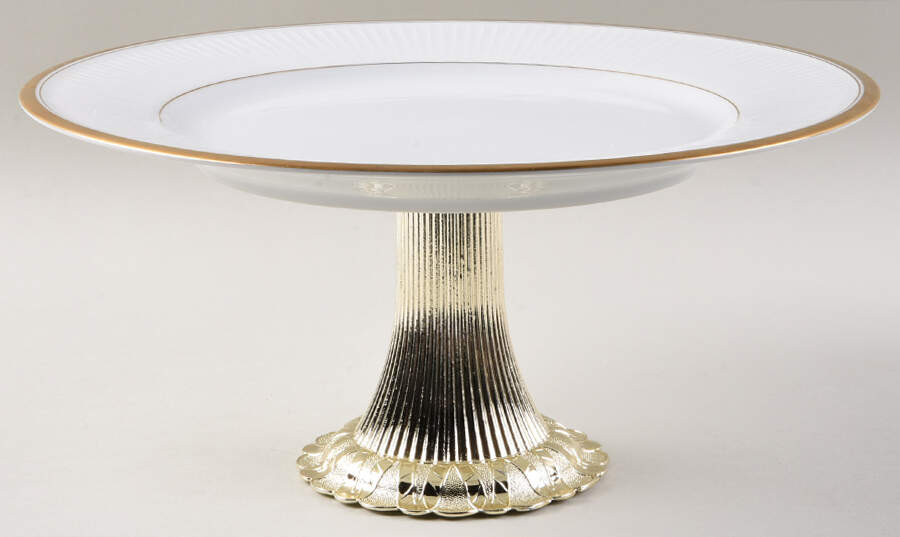 Classique d'Or White (Gold Ring, Verge and Trim) Cake Stand with 4"-5" Metal Pedestal  Hc by Fitz & Floyd-1