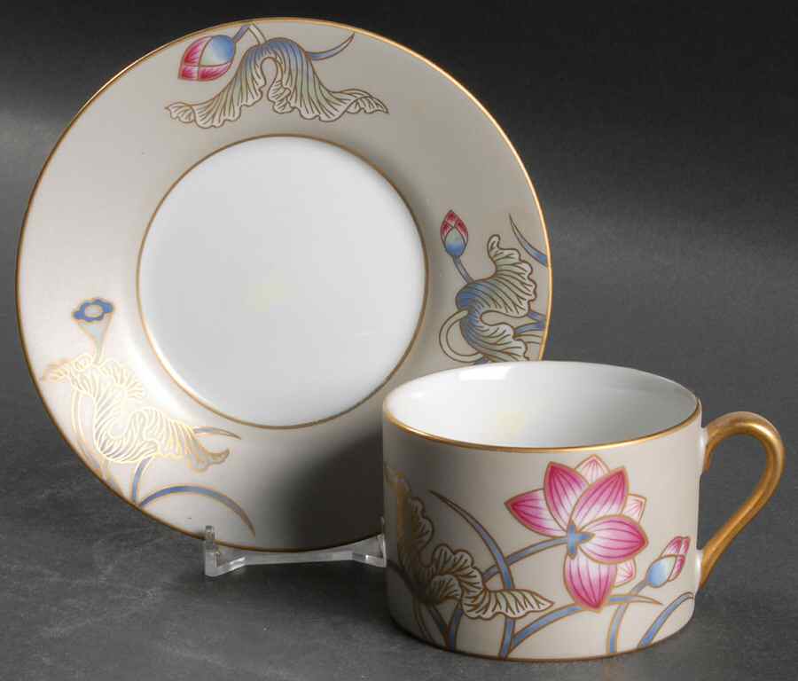 Cloisonne Lotus (Silver Satin) Flat Cup & Saucer Set by Fitz & Floyd-1