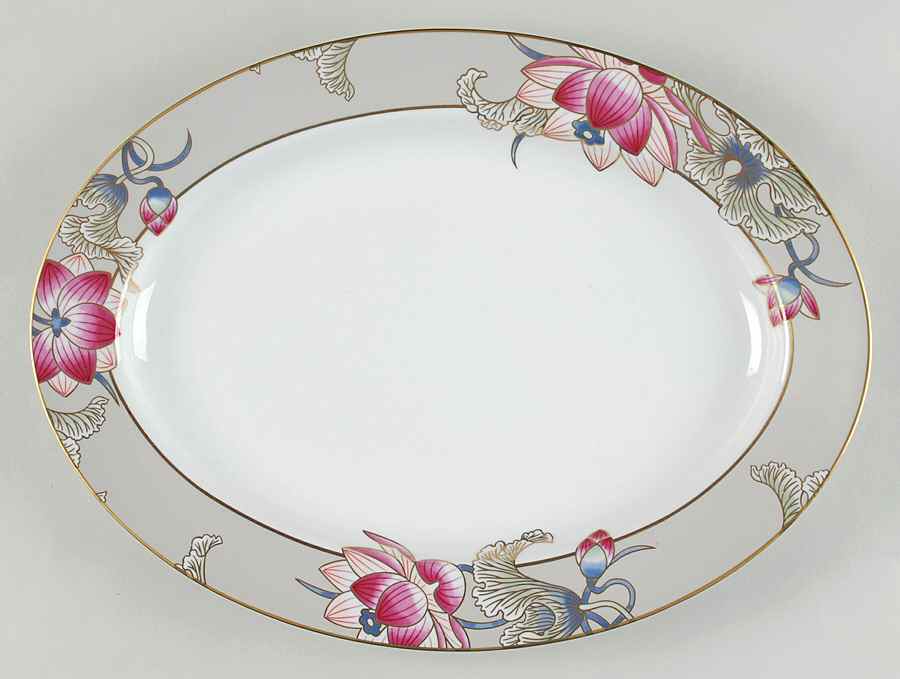 Cloisonne Lotus (Silver Satin) 14" Oval Serving Platter by Fitz & Floyd-1