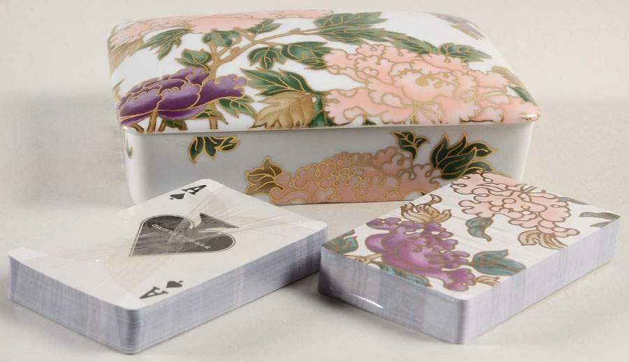 Cloisonne Peony White Double Deck Playing Card Box & Lid with Cards by Fitz & Floyd-1