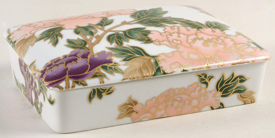 Cloisonne Peony White Double Deck Playing Card Box & Lid by Fitz & Floyd-1