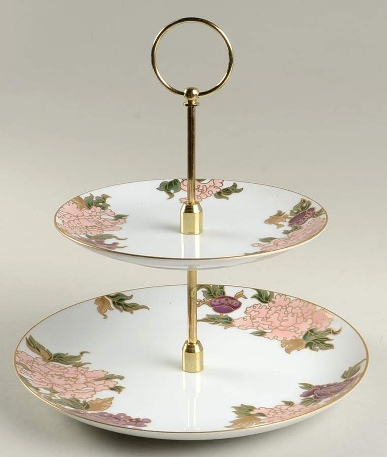 Cloisonne Peony White 2 Tiered Serving Tray (Dinner & Salad Plate) by Fitz & Floyd-1