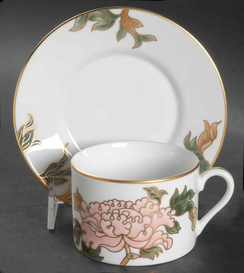 Cloisonne Peony White Flat Cup & Saucer Set by Fitz & Floyd-1