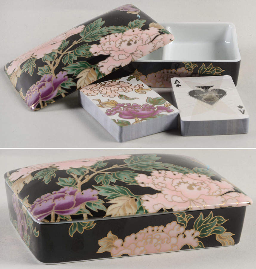 Cloisonne Peony Black Double Deck Card Box with Cards (Regular & #1) by Fitz & Floyd-1