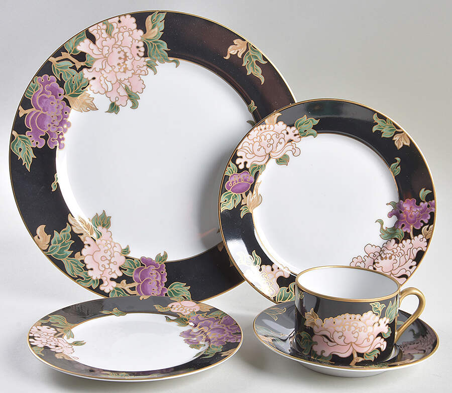 Cloisonne Peony Black 40 Piece Estate Set by Fitz & Floyd-1