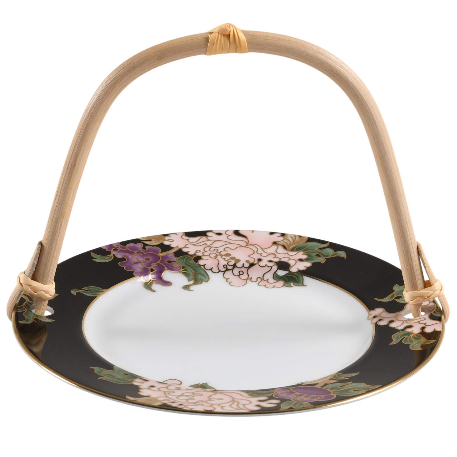 Cloisonne Peony Black 5 3/8"-5 5/8" Bamboo Handled Serving Plate  HC by Fitz & Floyd-1