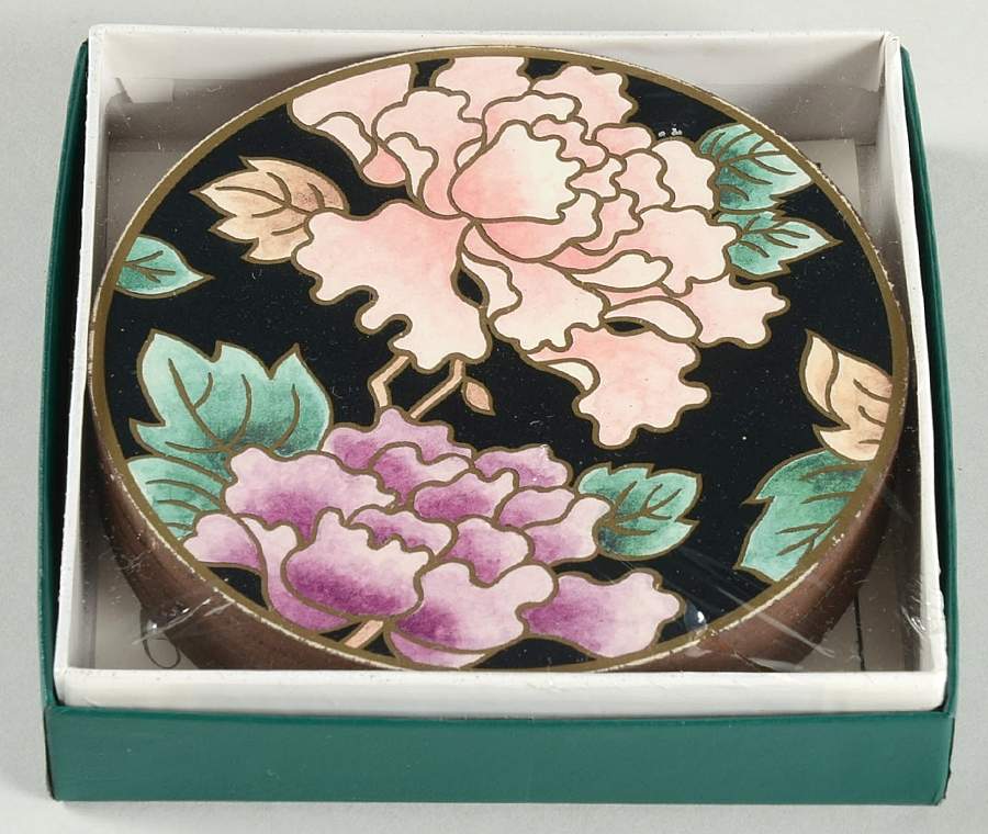 Cloisonne Peony Black Coaster - Set of 4 by Fitz & Floyd-1