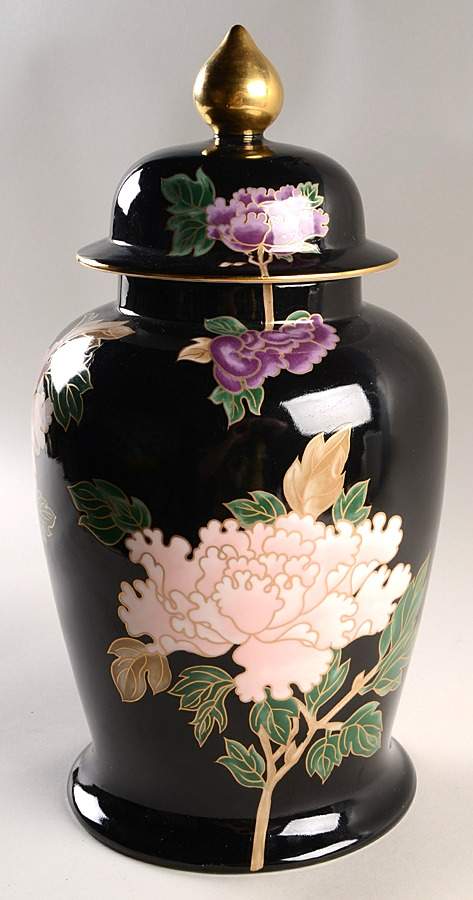 Cloisonne Peony Black Large Ginger Jar & Lid by Fitz & Floyd-1