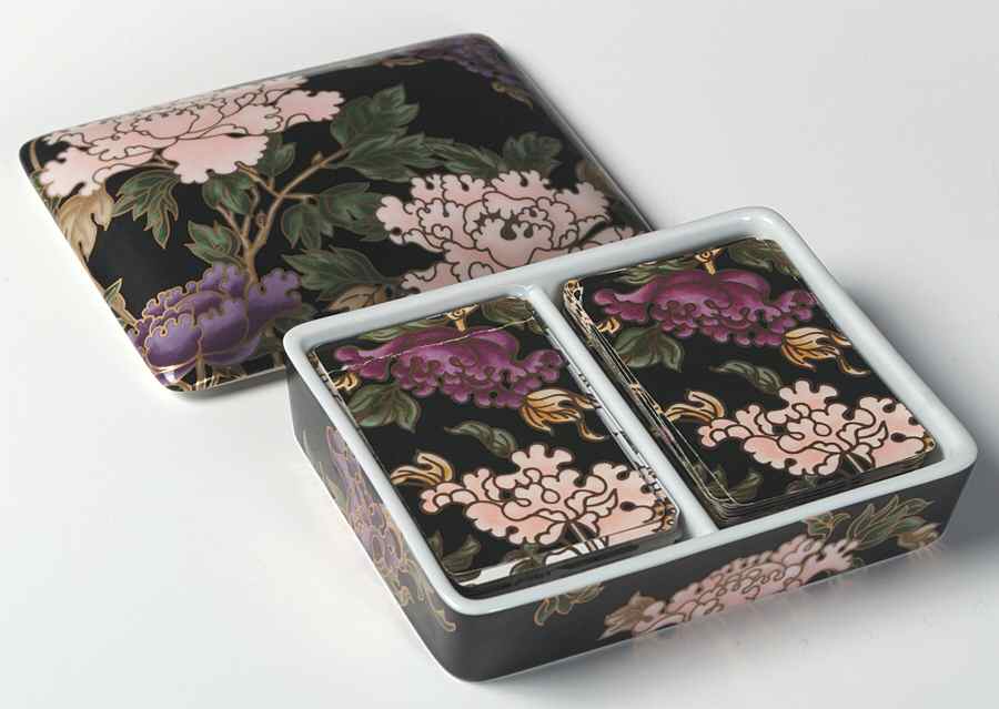 Cloisonne Peony Black Double Deck Playing Card Box & Lid with Cards by Fitz & Floyd-1