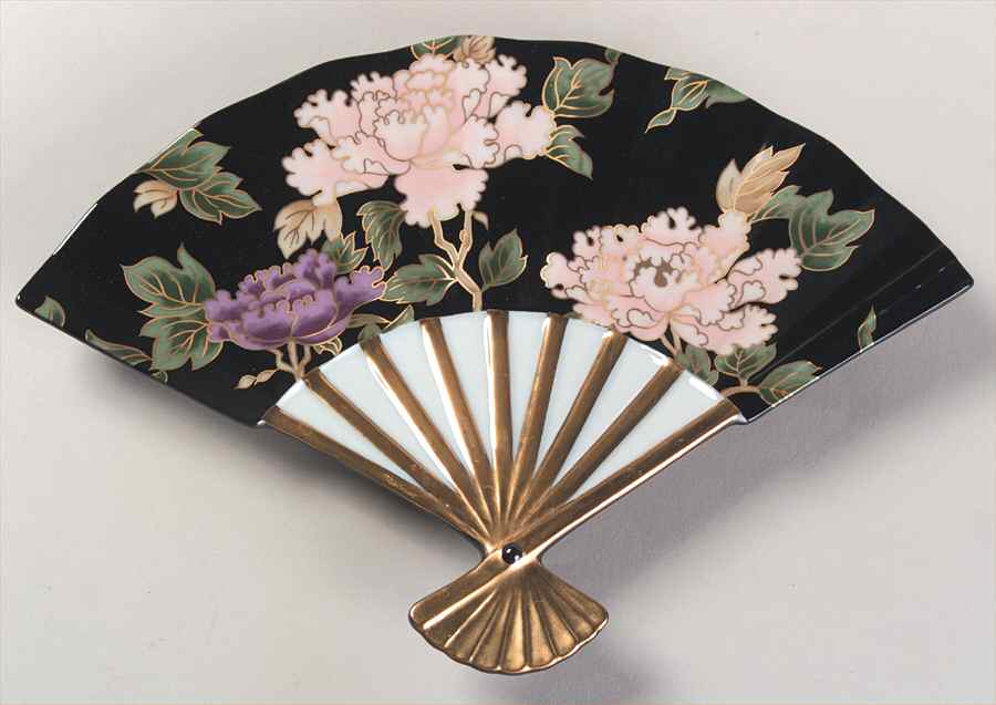 Cloisonne Peony Black Fan Tray by Fitz & Floyd-1