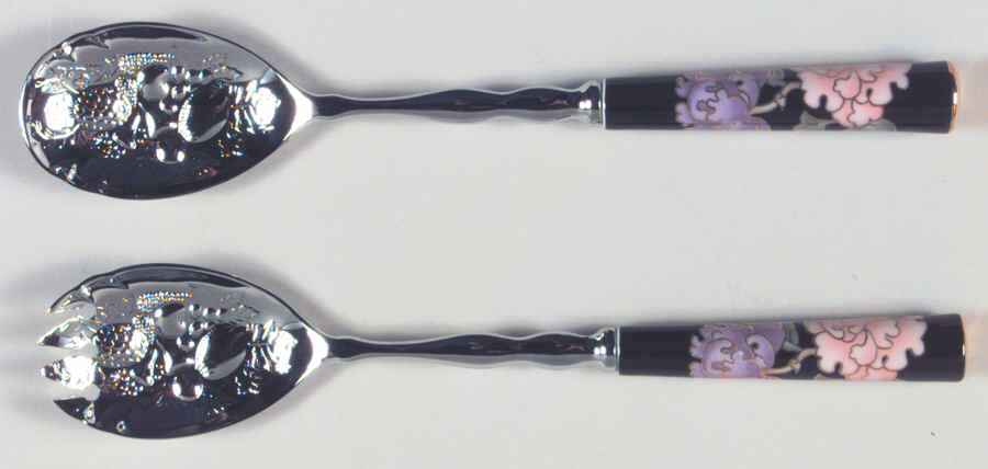 Cloisonne Peony Black (2 Piece) Salad Set with Stainless Bowl by Fitz & Floyd-1