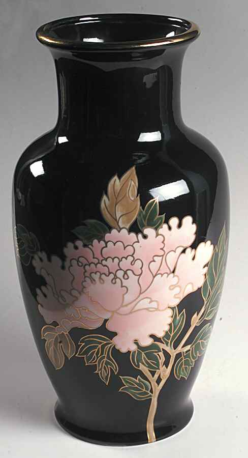 Cloisonne Peony Black 12" Vase by Fitz & Floyd-1
