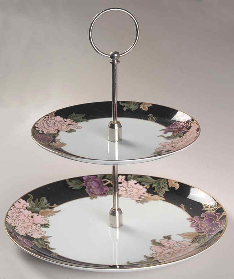 Cloisonne Peony Black 2 Tiered Serving Tray (Dinner & Salad Plate) by Fitz & Floyd-1