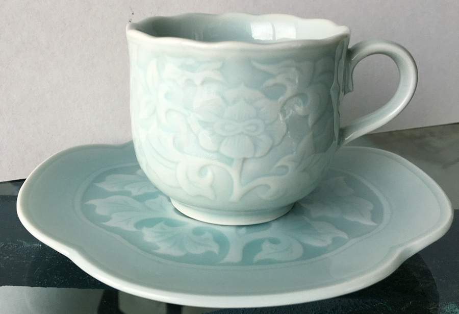Crest (Celadon Blue) Footed Cup & Saucer Set by Fitz & Floyd-1
