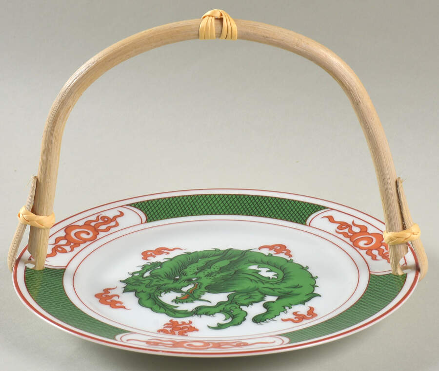 Dragon Crest Green 5 3/8"-5 5/8" Bamboo Handled Serving Plate  HC by Fitz & Floyd-1