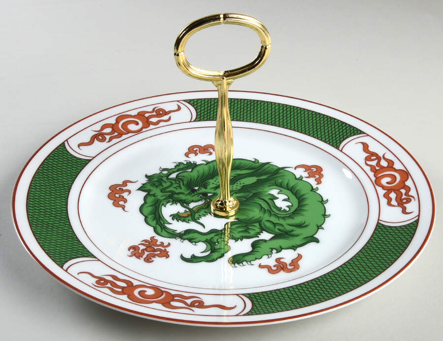 Dragon Crest Green Round Serving Plate with Center Handle (Dp) Hc by Fitz & Floyd-1