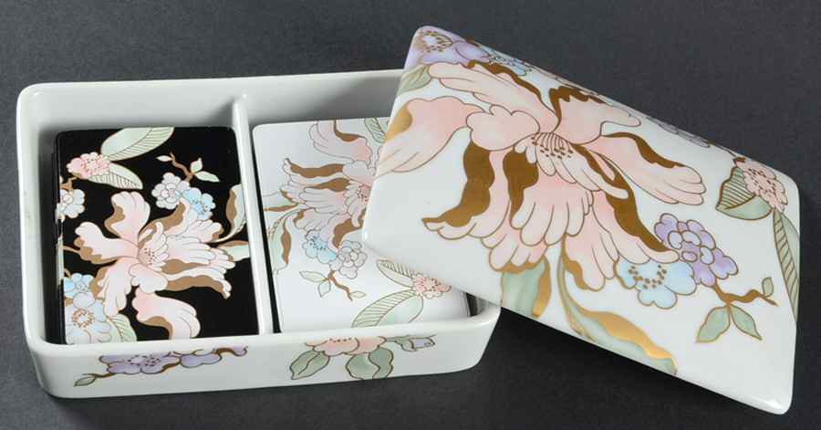 Fleur Fantasia Peach Double Deck Card Box with Cards (Regular & #1) by Fitz & Floyd-1