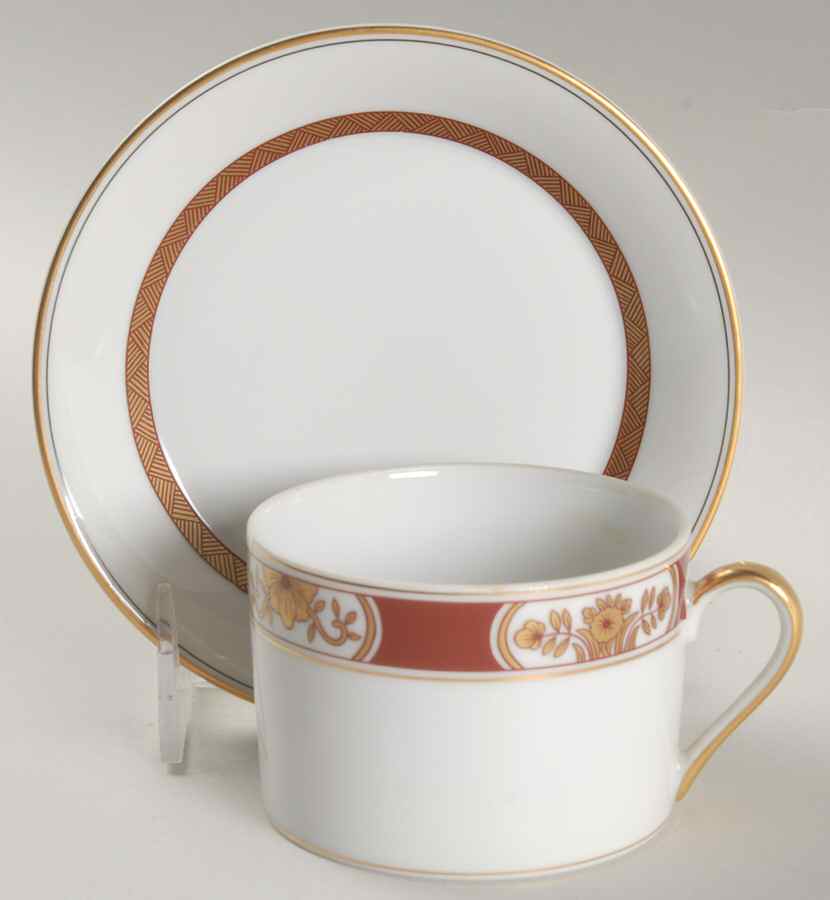 Fleur Orientale Cinnabar (Red) Flat Cup & Saucer Set by Fitz & Floyd-1
