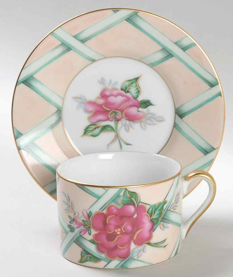 Floral Treillage (Tan) Flat Cup & Saucer Set by Fitz & Floyd-1