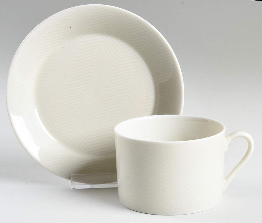Herringbone (Fawn Brown on Buff) Flat Cup & Saucer Set by Fitz & Floyd-1