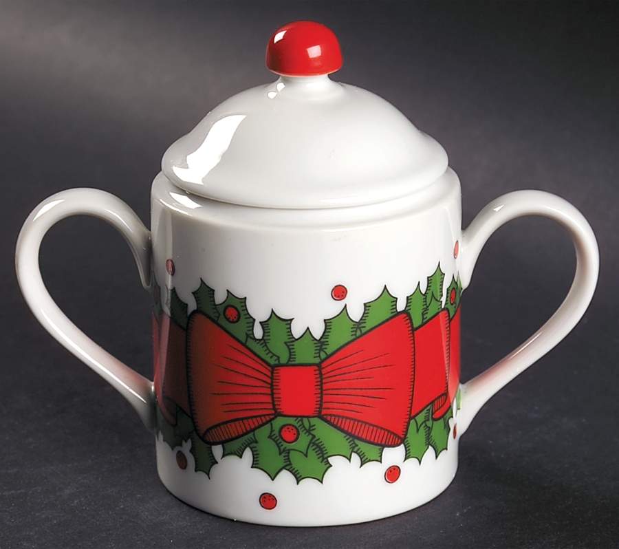 Holly Wreath Sugar Bowl & Lid by Fitz & Floyd-1