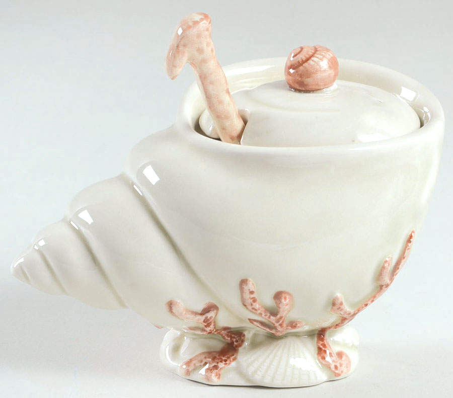 Oceana (Pink Coral Edge) Sugar Bowl & Lid W/Spoon by Fitz & Floyd-1