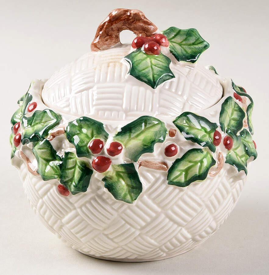 Old World Christmas Holly Sugar Bowl & Lid by Fitz & Floyd-1