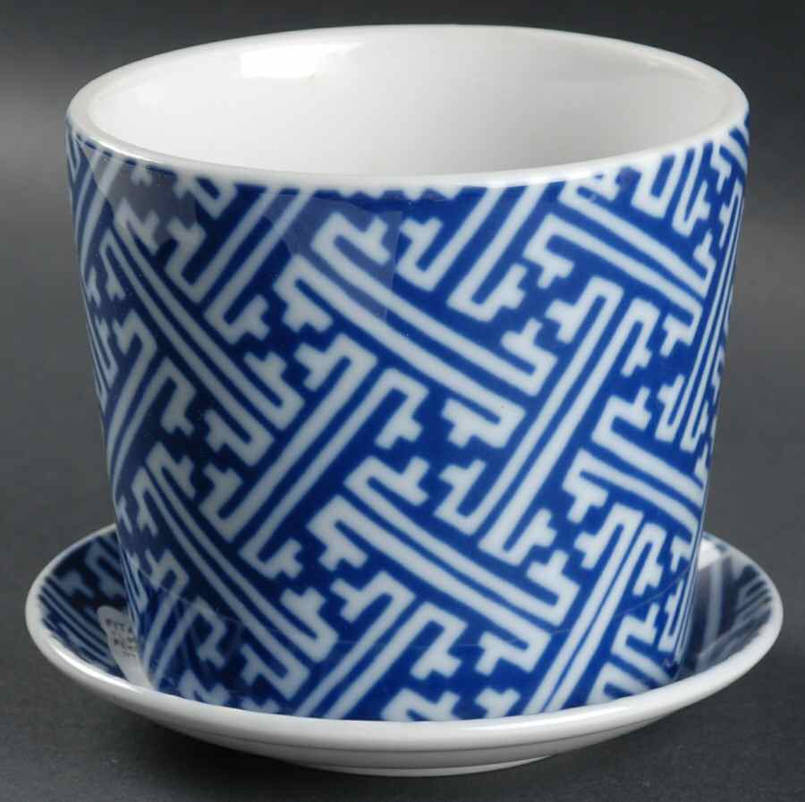 Oriental Geometric Blue 4" Flower Pot with Underplate by Fitz & Floyd-1