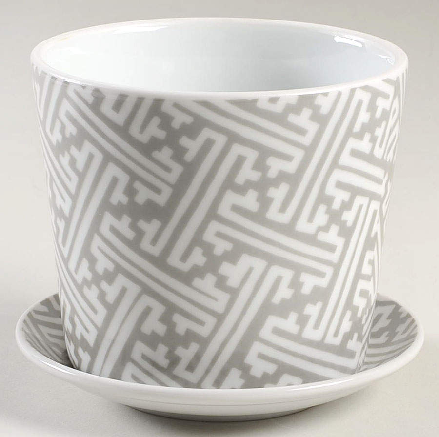 Oriental Geometric Gray 3" Flower Pot & Underplate by Fitz & Floyd-1