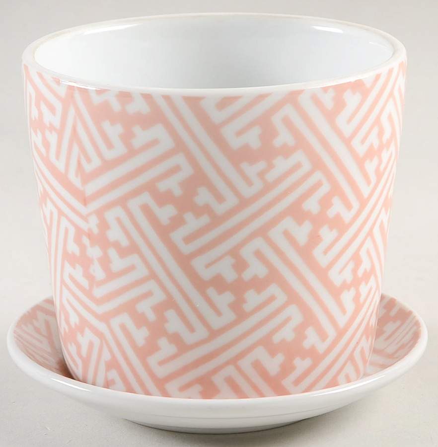 Oriental Geometric Peach 4" Flower Pot with Underplate by Fitz & Floyd-1