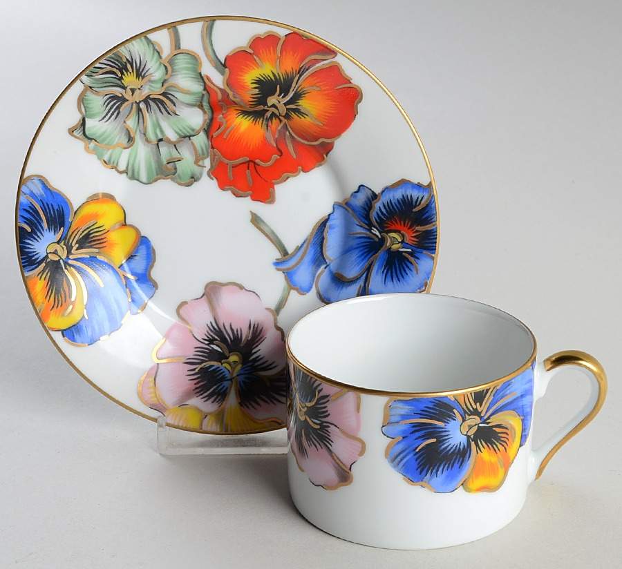 Pansies (White Body) Flat Cup & Saucer Set by Fitz & Floyd-1