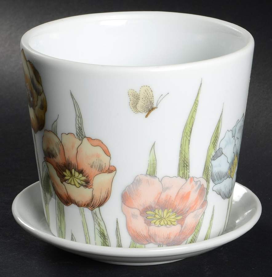 Pastel Poppy (White Background) 4" Flower Pot with Underplate by Fitz & Floyd-1